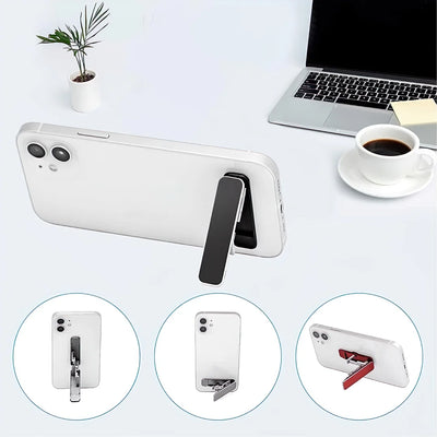 Phone stand with multiple angles displayed on a desk with a laptop and coffee cup.