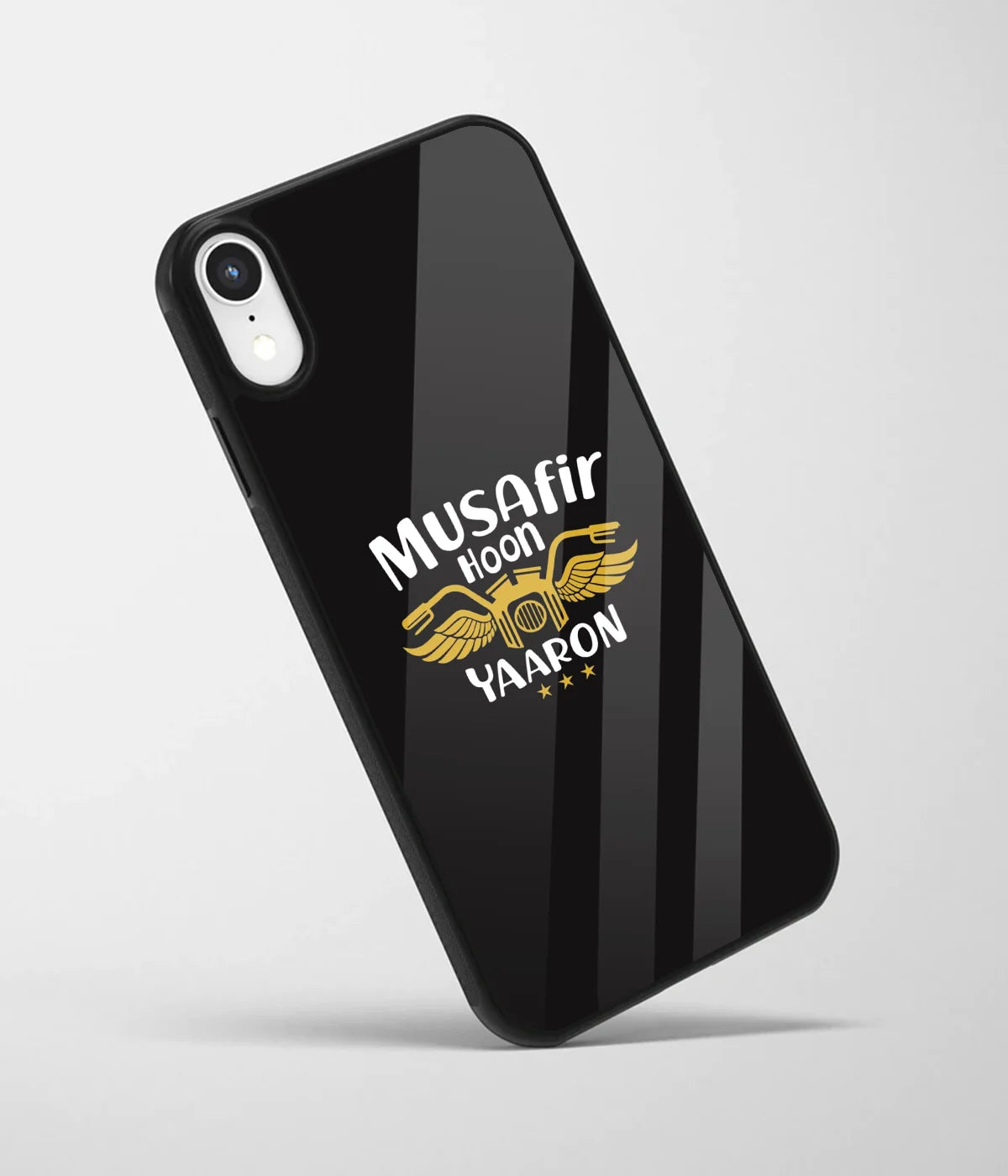 An angled view of a glass phone case featuring a vibrant design.