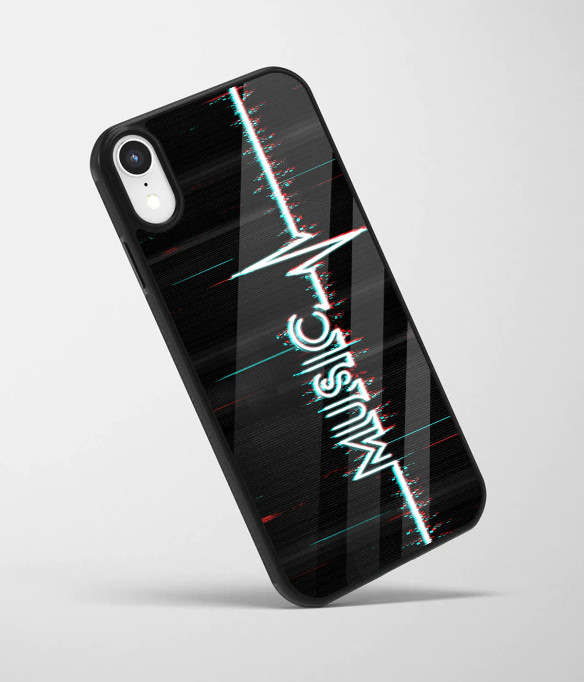 An angled view of a glass phone case featuring a vibrant design.