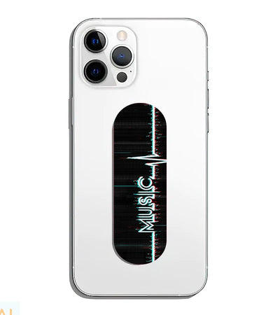 A phone grip slider applied to the back of a smartphone.