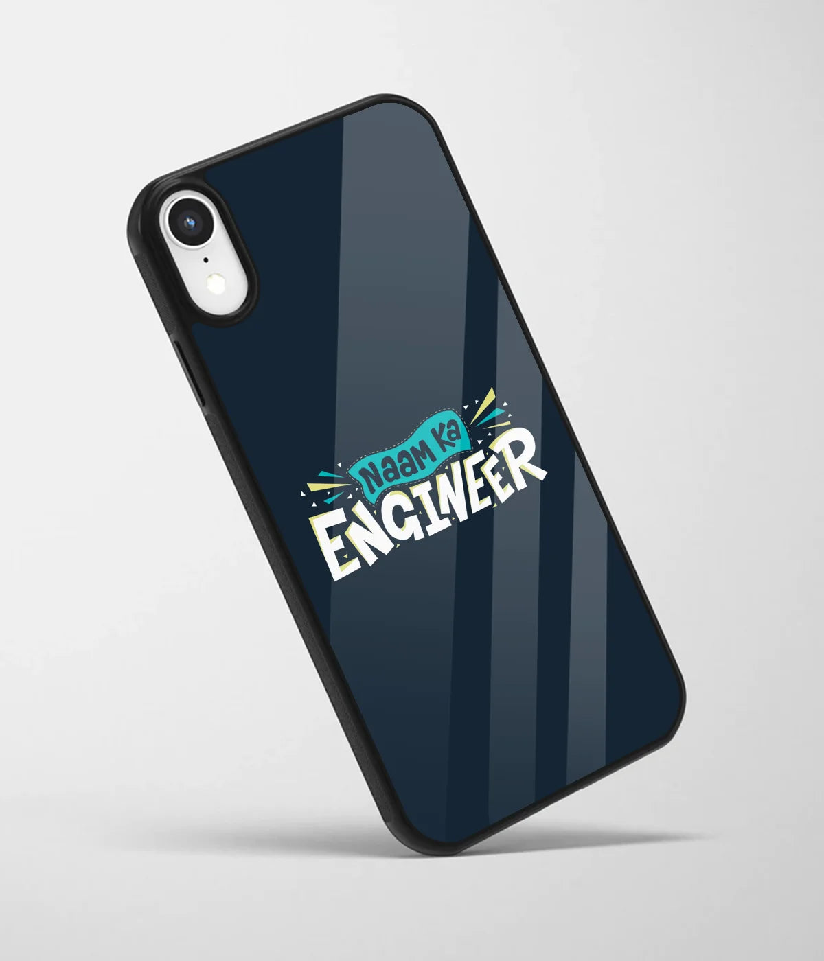 An angled view of a glass phone case featuring a vibrant design.