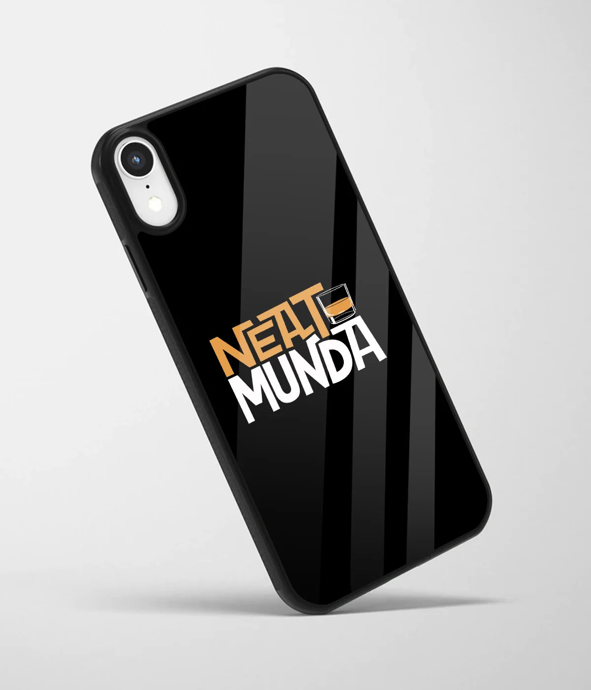 An angled view of a glass phone case featuring a vibrant design.