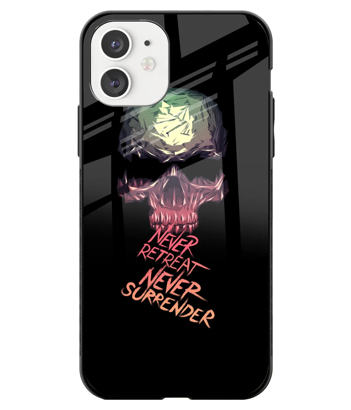A front-on view of a glass phone case with a colorful design.