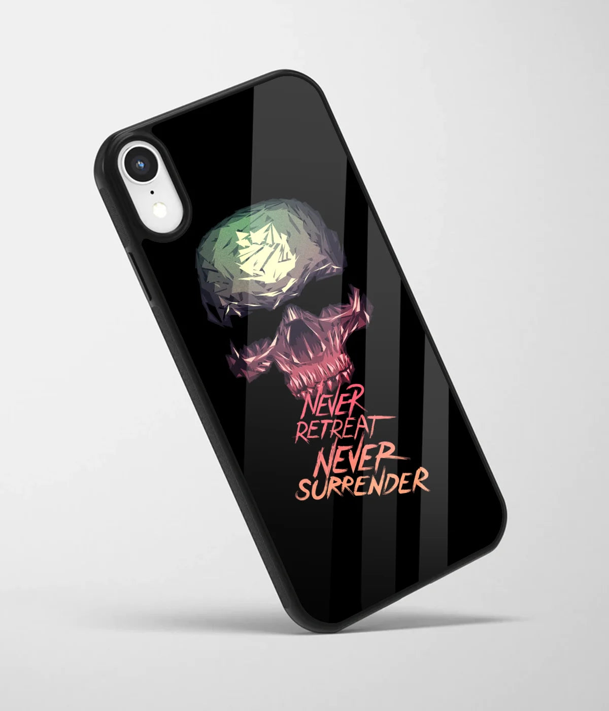 An angled view of a glass phone case featuring a vibrant design.