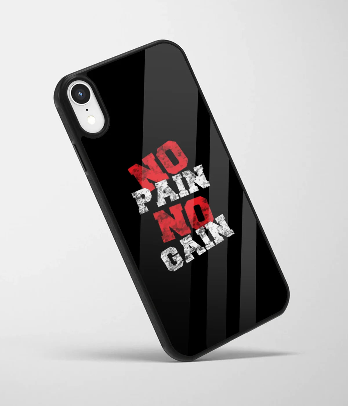 An angled view of a glass phone case featuring a vibrant design.