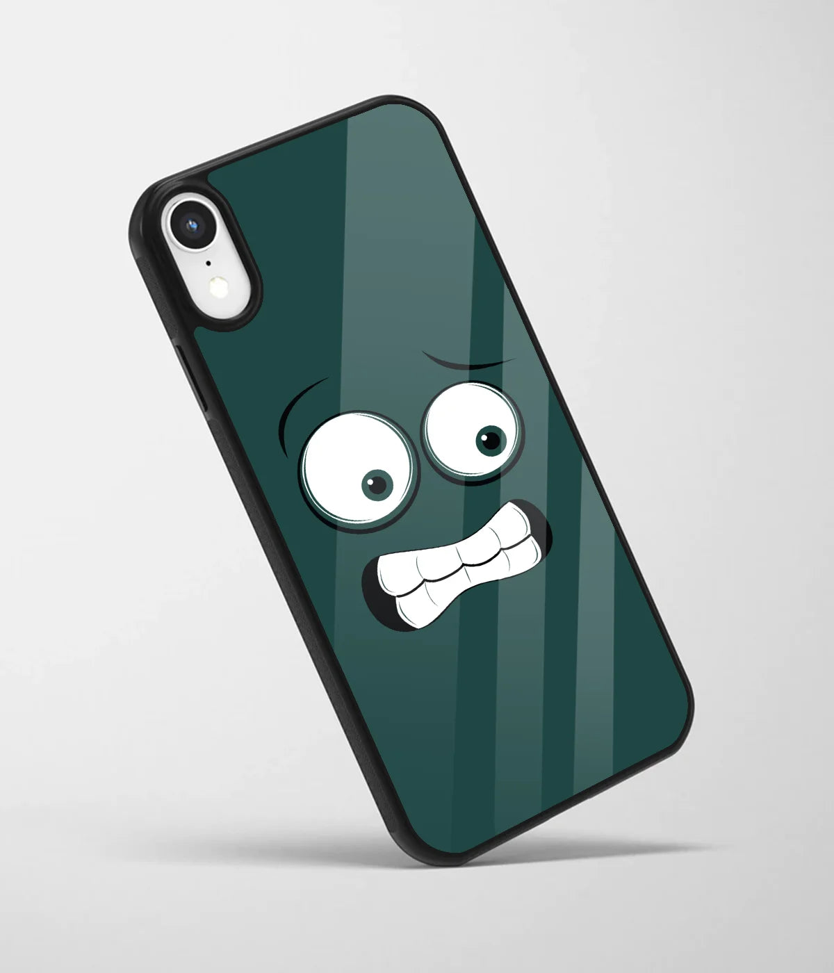 An angled view of a glass phone case featuring a vibrant design.