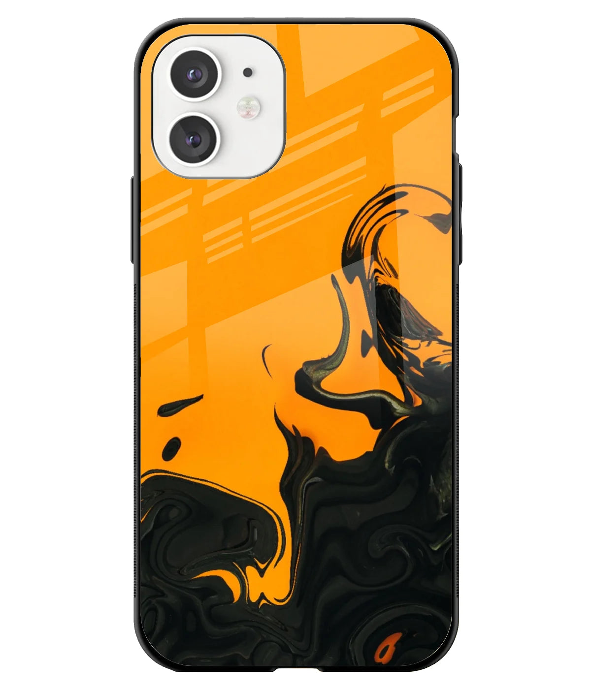 A front-on view of a glass phone case with a colorful design.