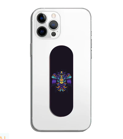 A phone grip slider applied to the back of a smartphone.