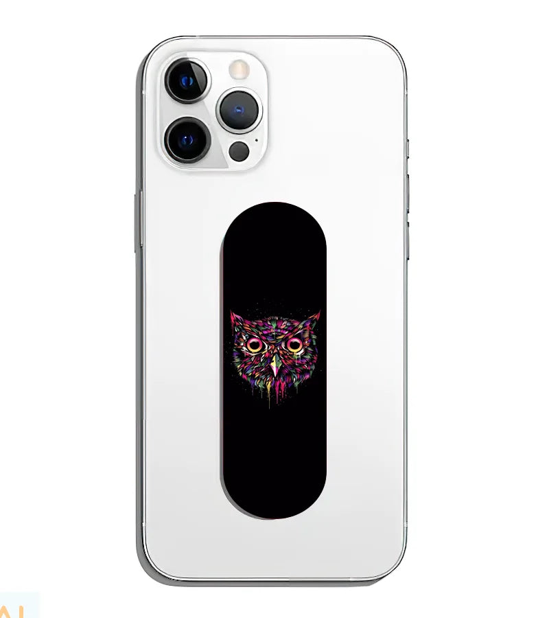A phone grip slider applied to the back of a smartphone.