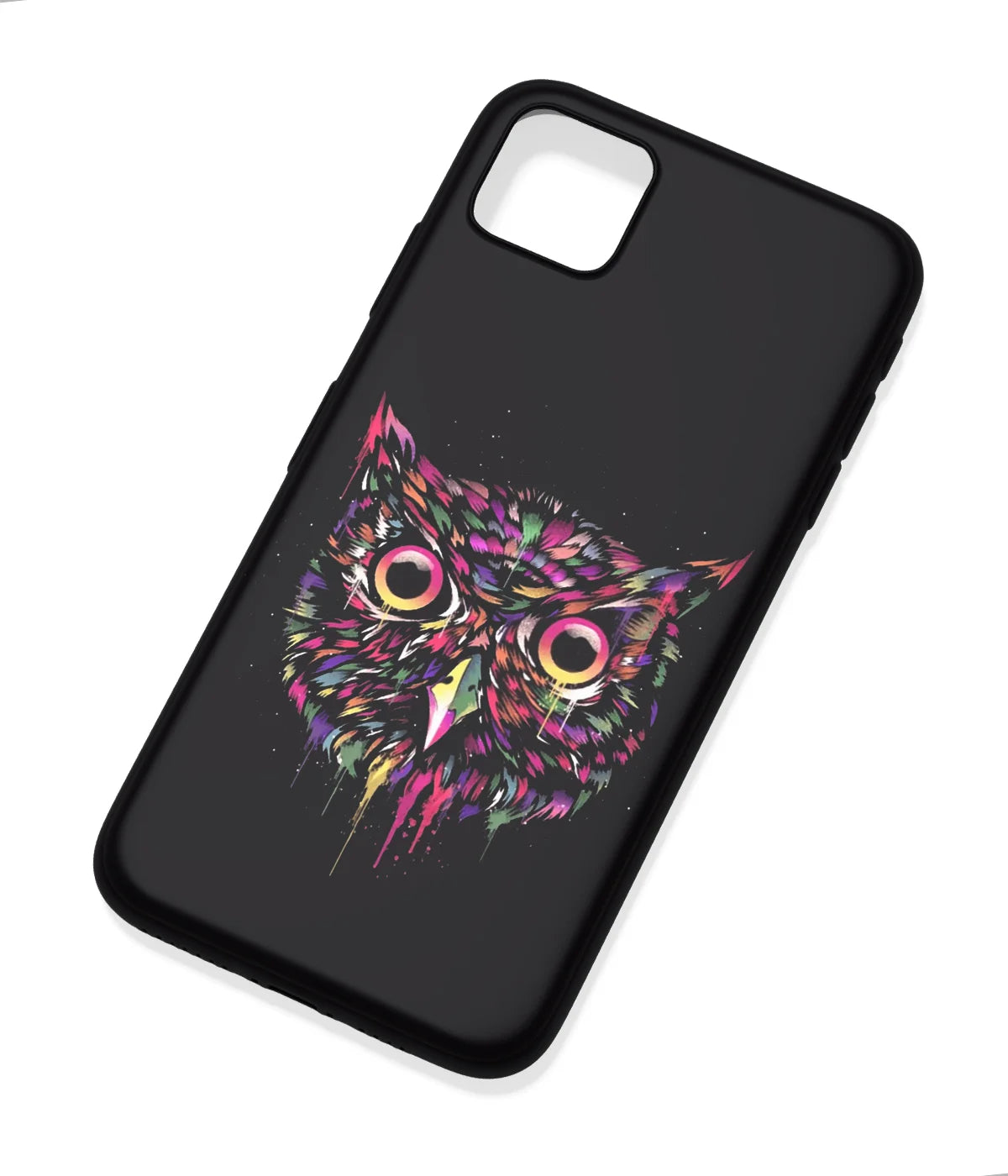 An angled view of a soft silicone case featuring a colorful design.