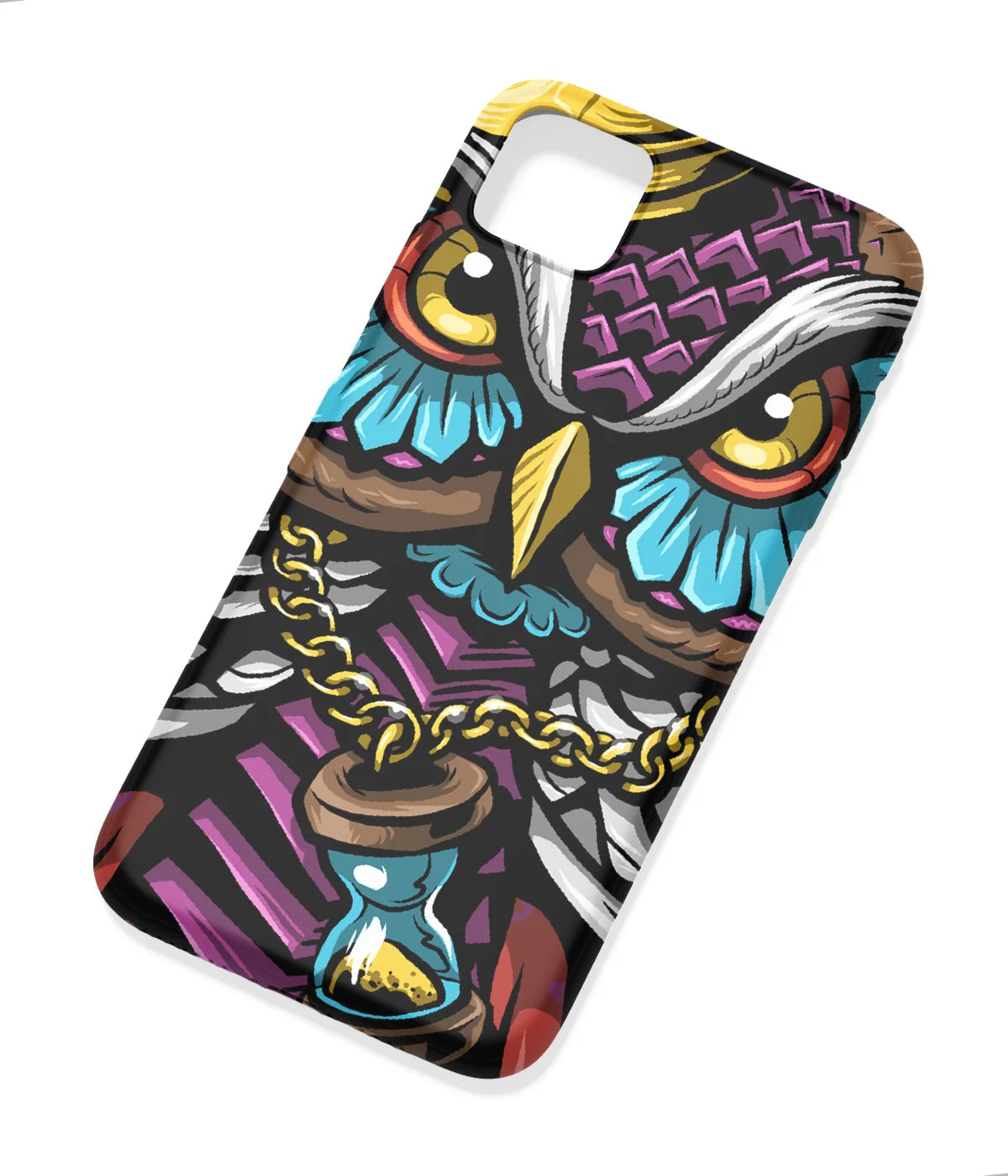 An angled view of a soft silicone case featuring a colorful design.