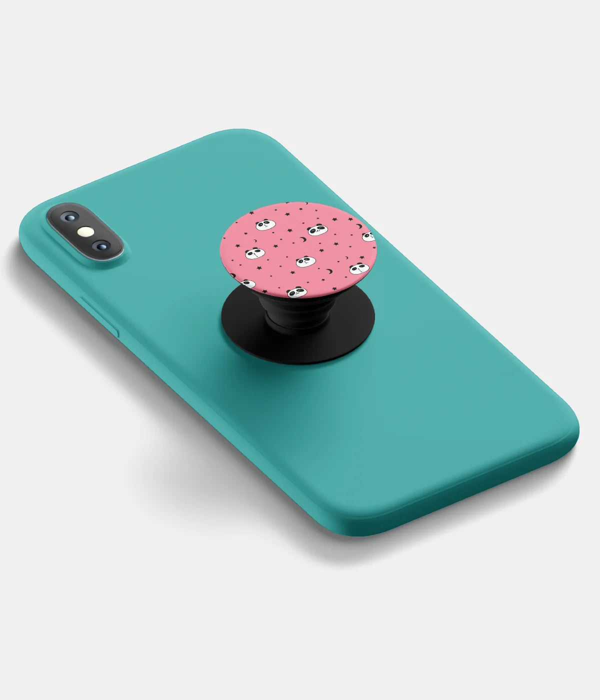 A top-down view of a phone grip holder attached to a mobile phone case on a white background