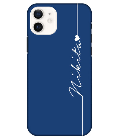 A product shot of a slim hard case with a customizable name in deep navy color.
