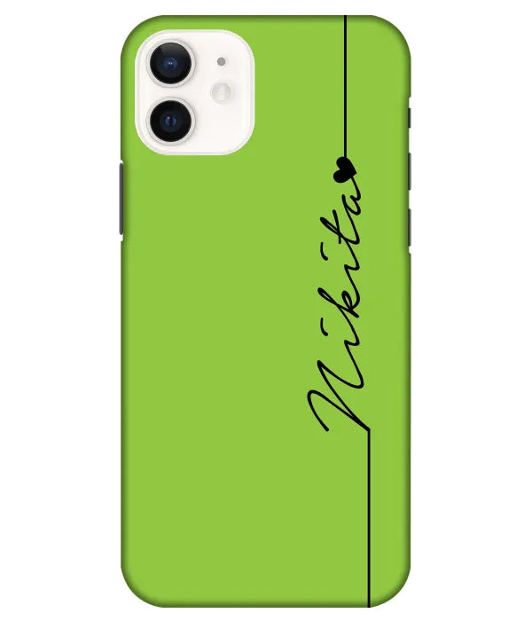 A product shot of a slim hard case with a customizable name in green color.