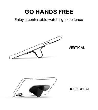 An image demonstrating the phone grip slider can be used in landscape and portrait modes for a hands-free experience.