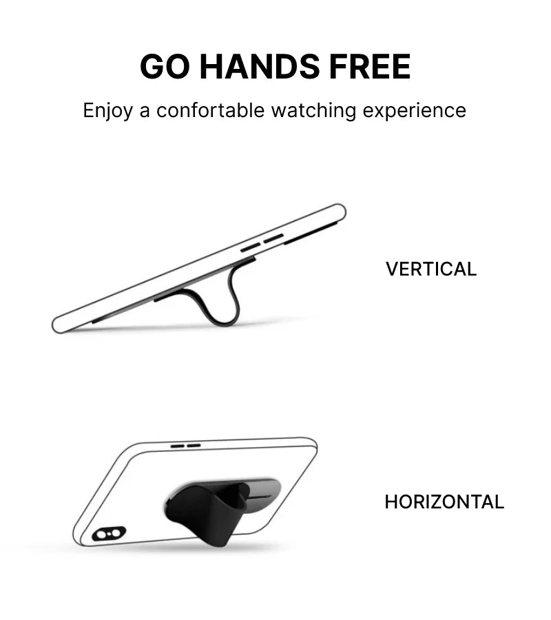 An image demonstrating the phone grip slider can be used in landscape and portrait modes for a hands-free experience.