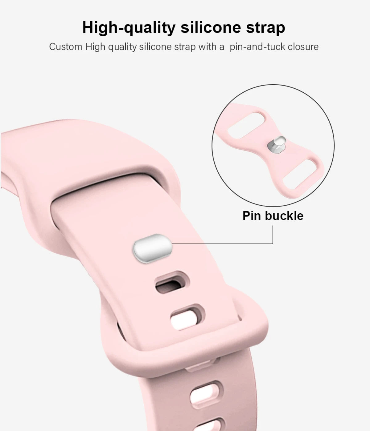 Close-up of the apple silicone watch strap featuring a secure pin-and-tuck closure system with a metal pin buckle, designed for a custom and reliable fit.
