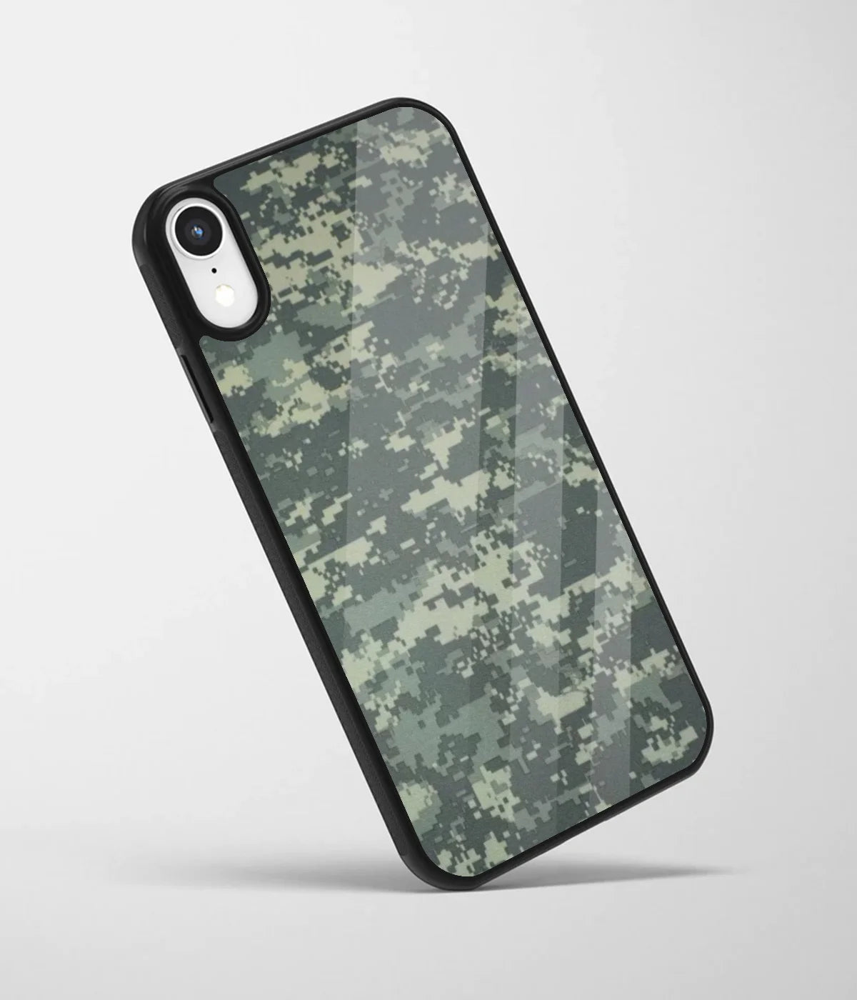 An angled view of a glass phone case featuring a vibrant design.