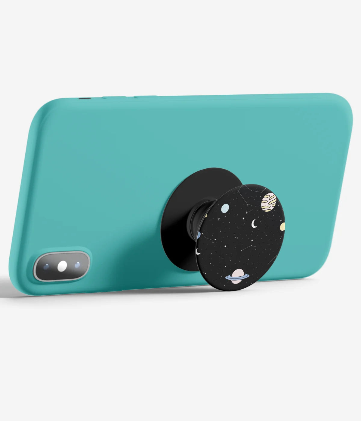 An image demonstrating how to use the phone grip as a stand to hold a mobile phone in landscape mode for hands-free viewing