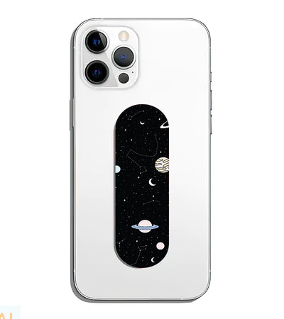 A phone grip slider applied to the back of a smartphone.