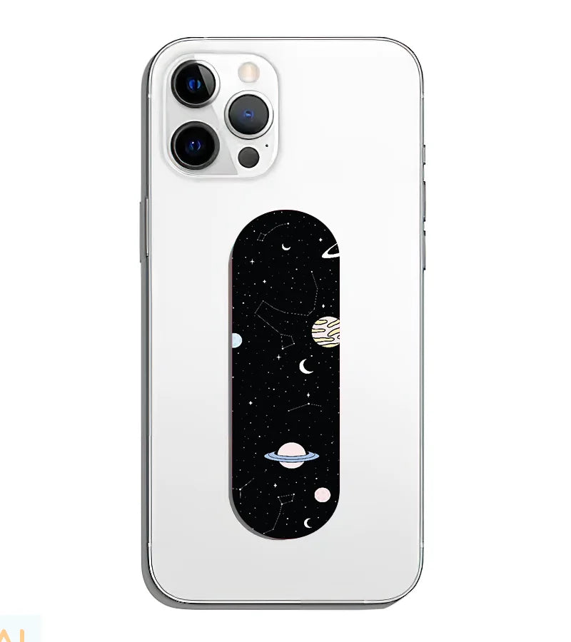 A phone grip slider applied to the back of a smartphone.