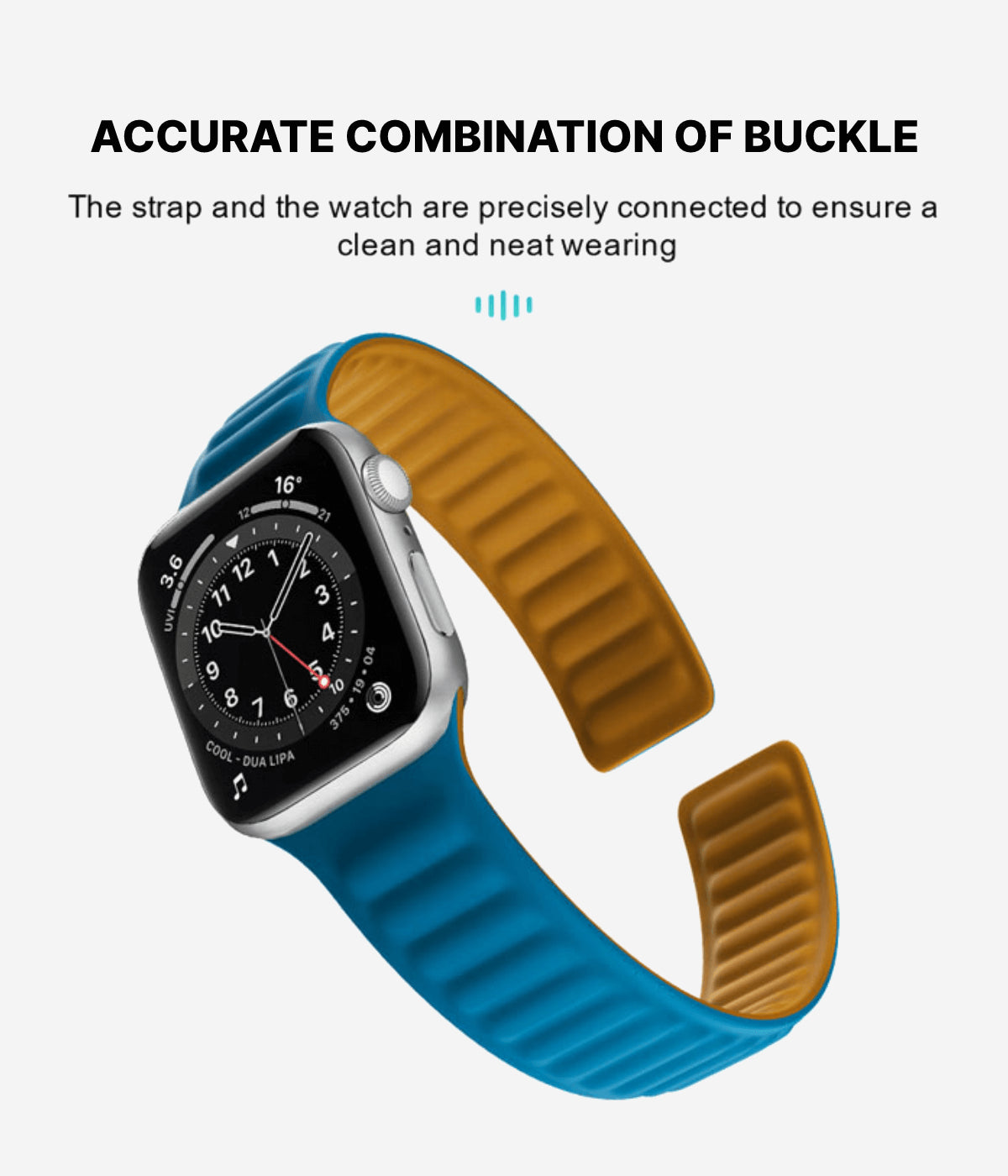 Apple watch magnetic leather band highlighting the precise fit that ensures a clean, gap-free, and neat wearing experience.
