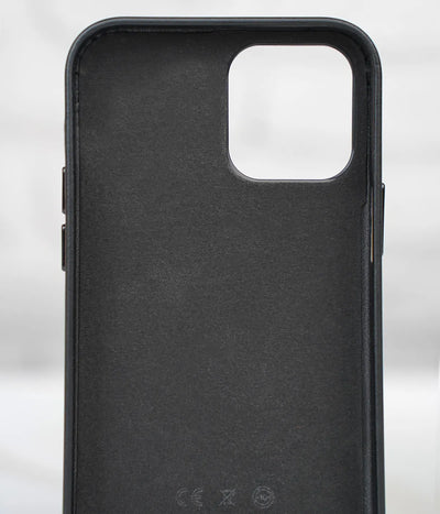 Inside view of the black premium leather iPhone case showing the soft interior lining designed to protect the back of the phone from scratches.