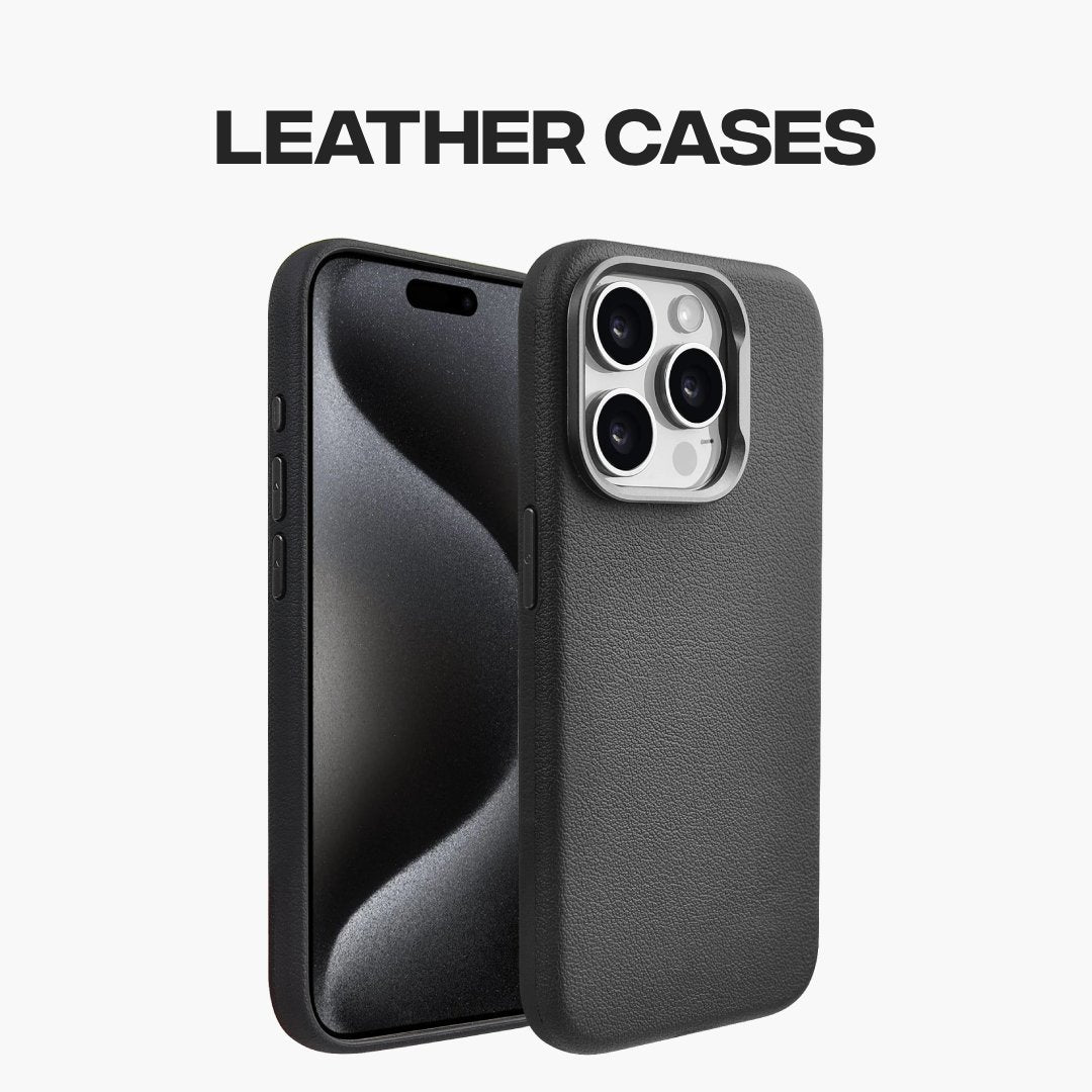 Banner showcasing a premium leather iPhone case, emphasizing its textured back and protective features, with the text "Leather Cases".