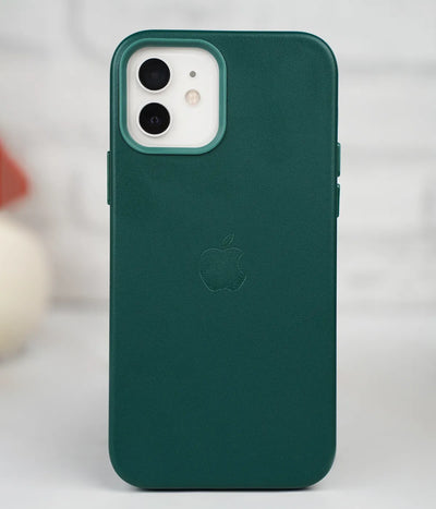 Full back view of an iPhone protected by the premium Cyprus Green leather case, featuring a sleek design and an embossed Apple logo.