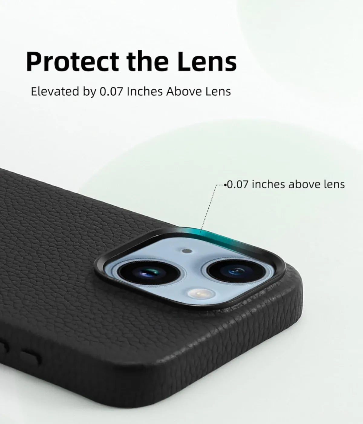 Detailed view of the premium leather iPhone case, showcasing the 0.07-inch raised lip designed to protect the camera lens.