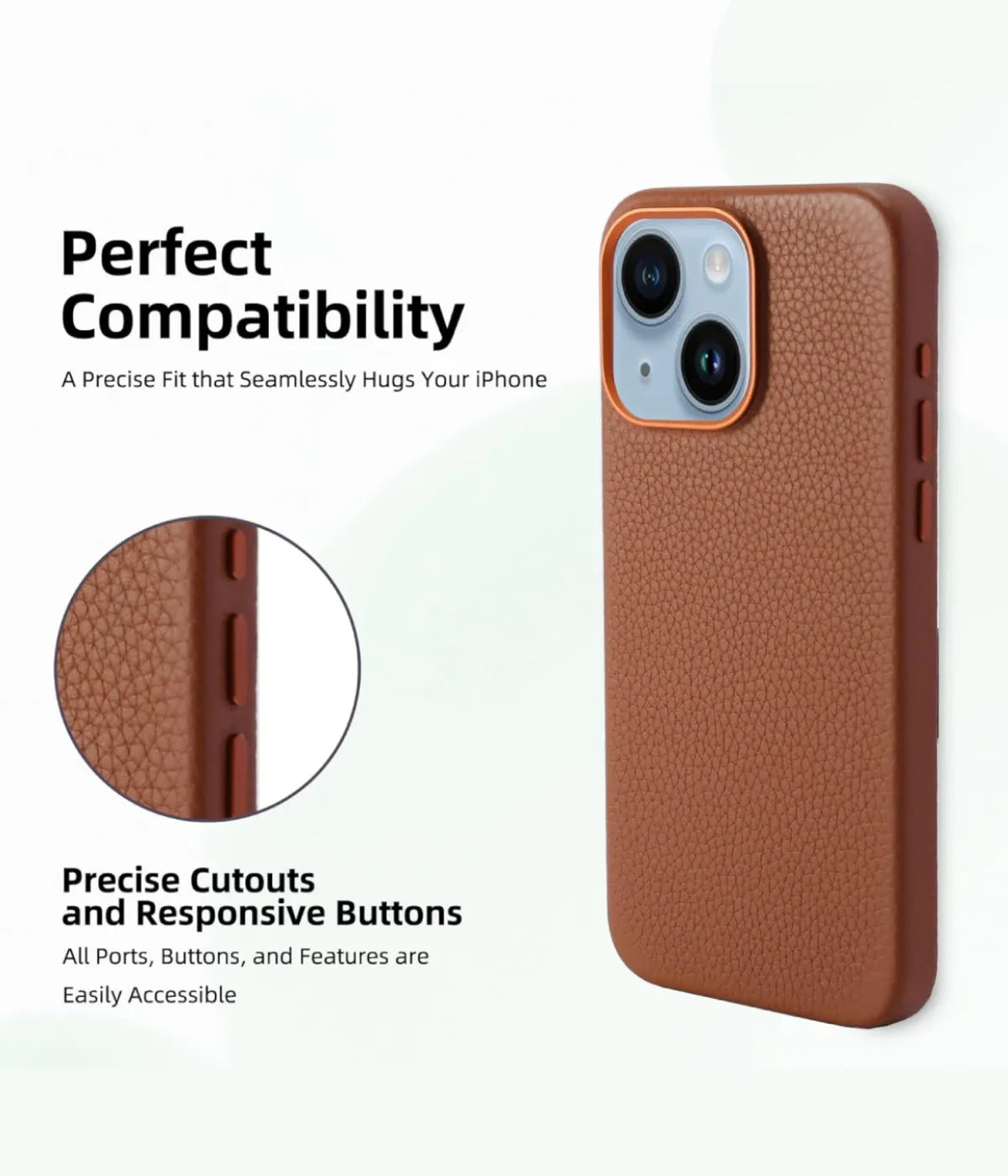 Infographic of the premium leather iPhone case demonstrating precise cutouts and responsive side buttons for easy access.