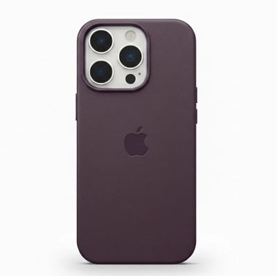 Full back view of an premium plum leather iPhone case with MagSafe compatibility.