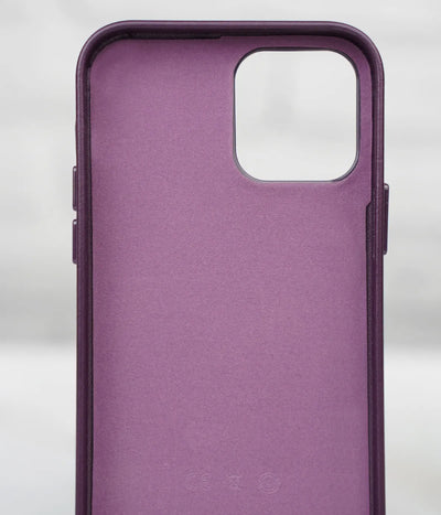 Inside view of the purple premium leather iPhone case showing the soft interior lining designed to protect the back of the phone from scratches.