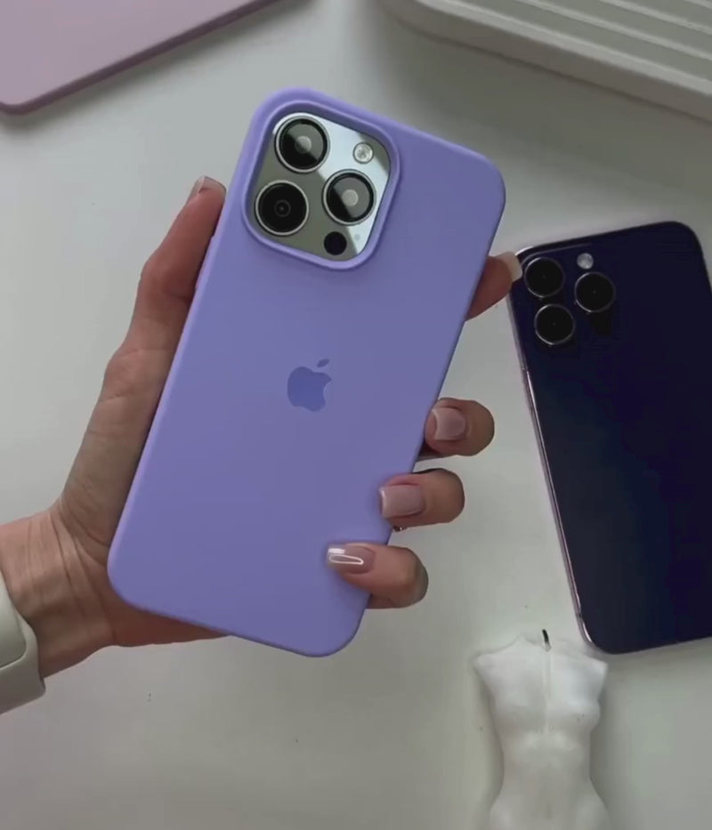 A video showing a 360-degree view and a close-up of the iPhone lilac liquid silicone case