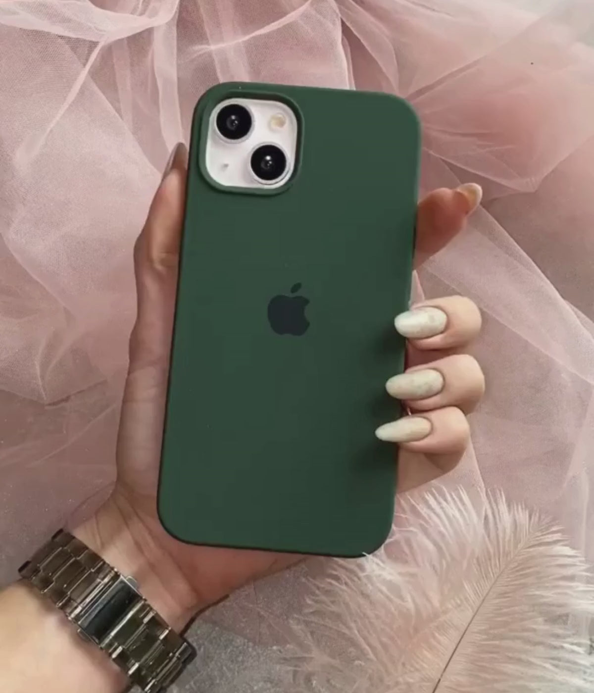 Load video: A video showing a 360-degree view and a close-up of the iPhone cyprus green liquid silicone case