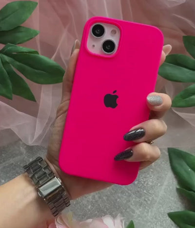 A video showing a 360-degree view and a close-up of the iPhone hot pink liquid silicone case