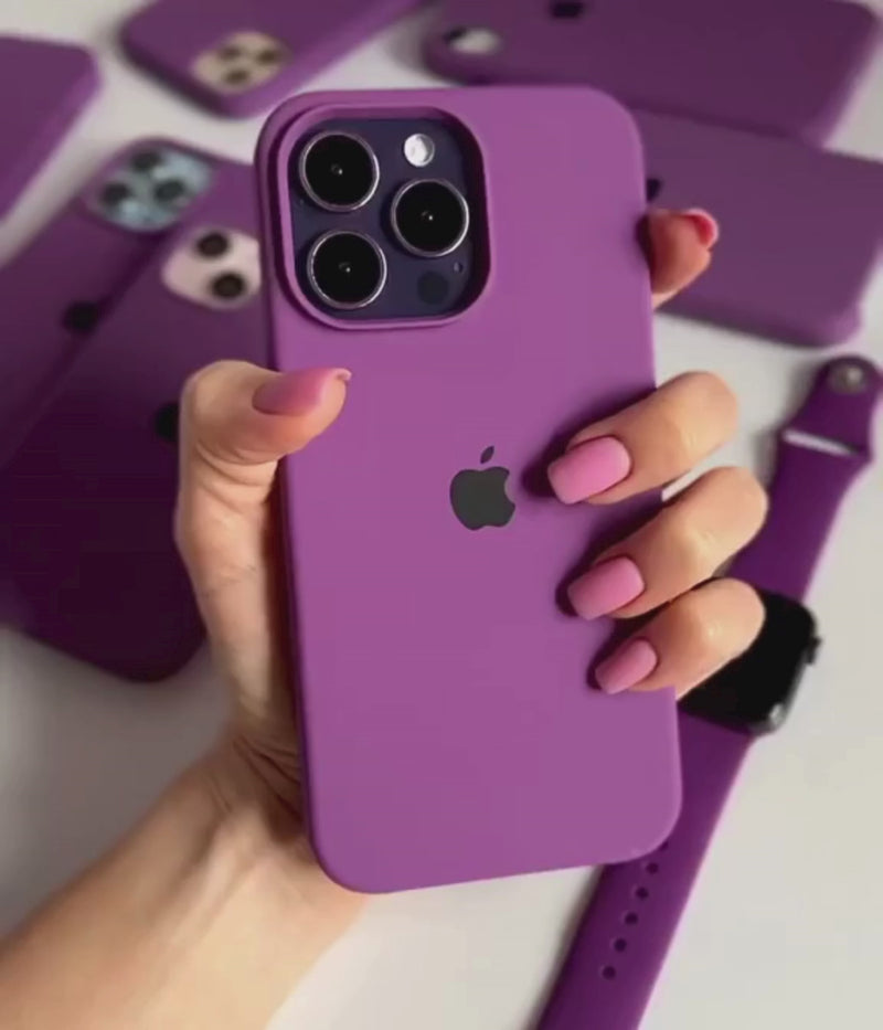 A video showing a 360-degree view and a close-up of the iPhone purple liquid silicone case