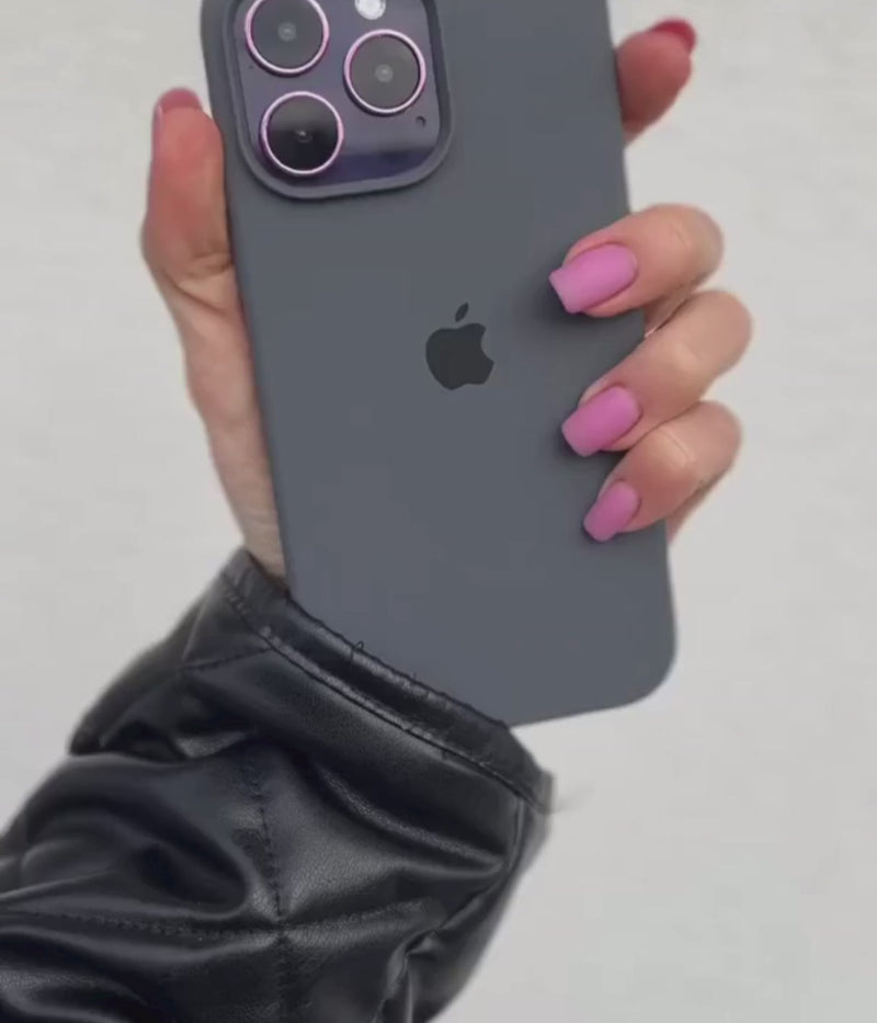 A video showing a 360-degree view and a close-up of the iPhone dark grey liquid silicone case