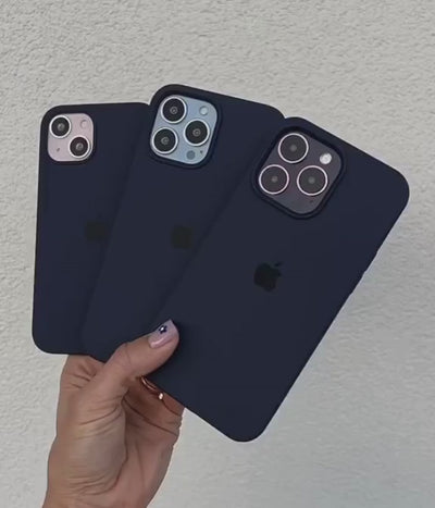 A video showing a 360-degree view and a close-up of the iPhone deep navy liquid silicone case
