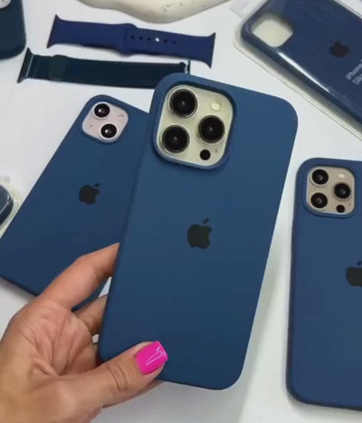 A video showing a 360-degree view and a close-up of the iPhone Cobalt Blue liquid silicone case