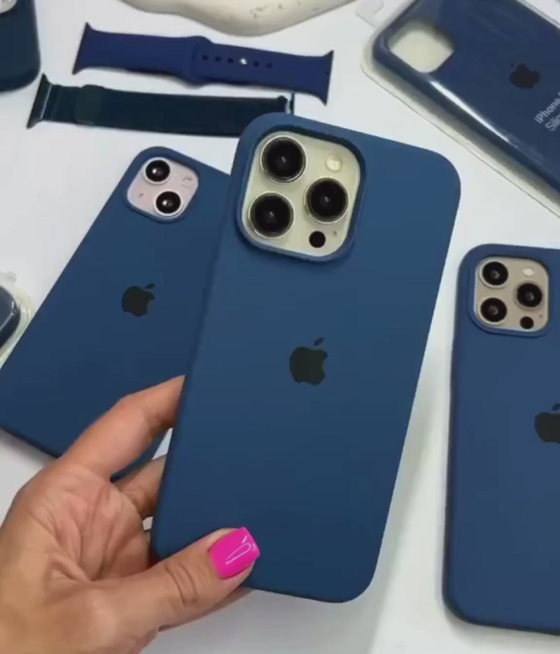 A video showing a 360-degree view and a close-up of the iPhone Cobalt Blue liquid silicone case