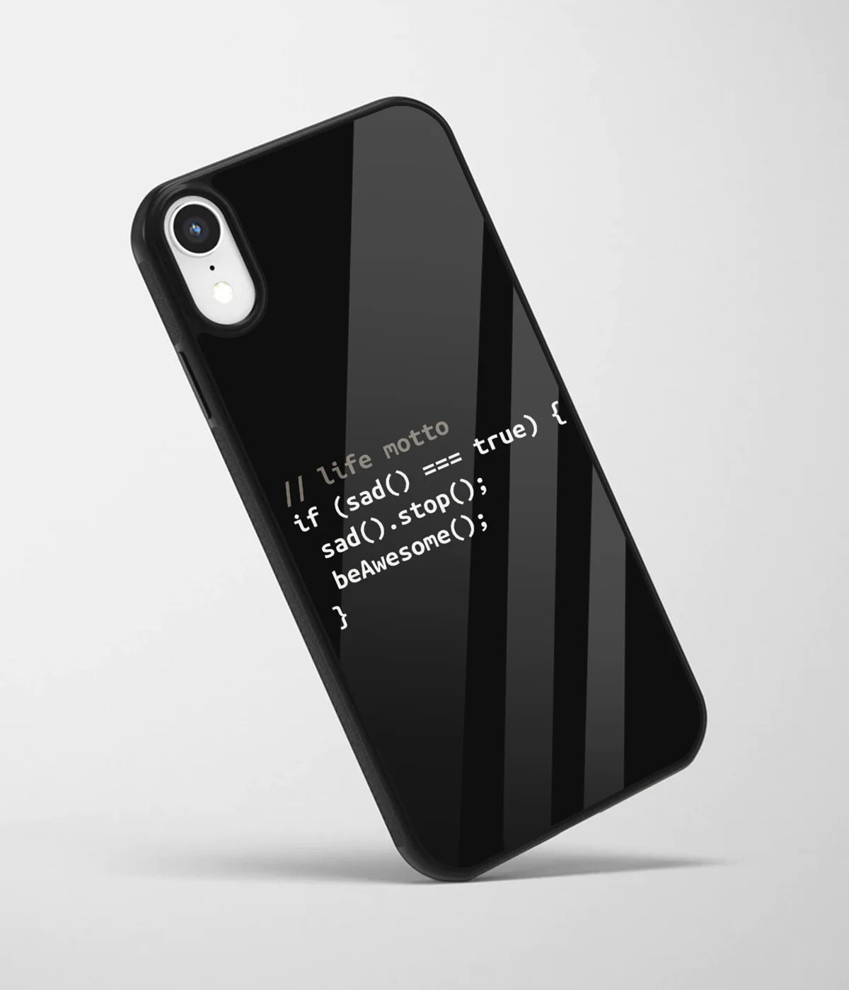 An angled view of a glass phone case featuring a vibrant design.