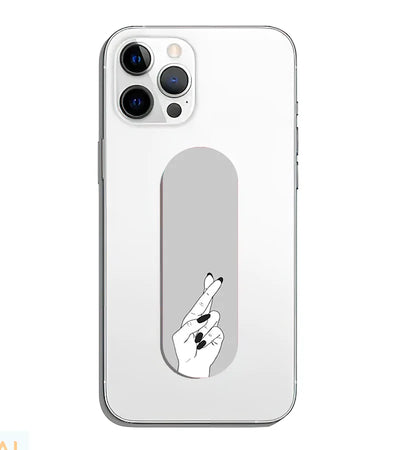 A phone grip slider applied to the back of a smartphone.