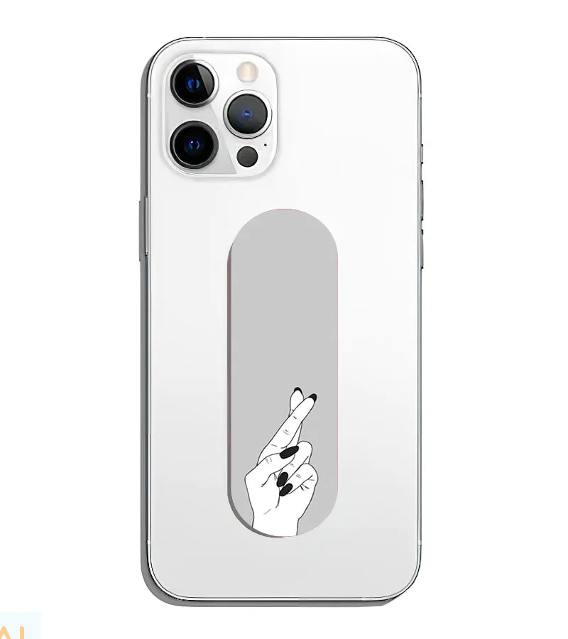 A phone grip slider applied to the back of a smartphone.