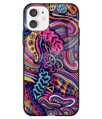 A front-on view of a glass phone case with a colorful design.