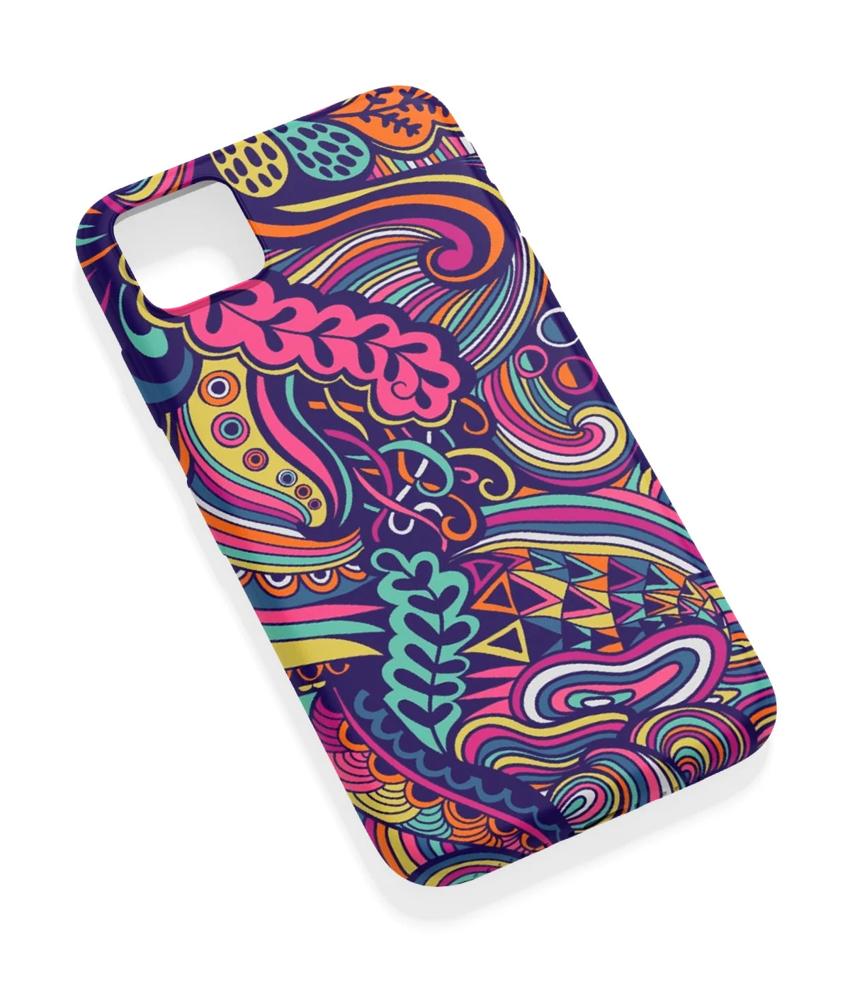 An angled view of a soft silicone case featuring a vibrant design.