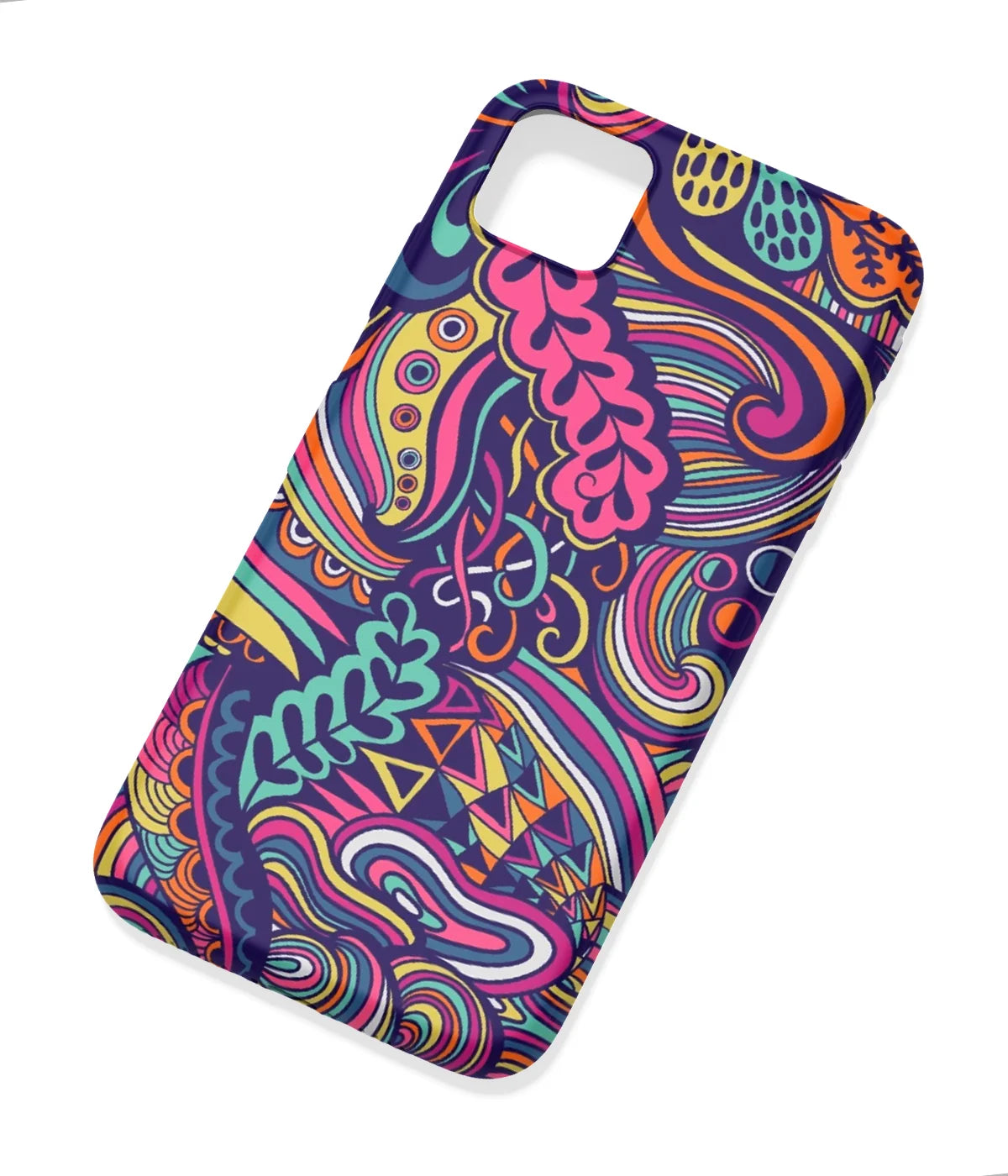 An angled view of a soft silicone case featuring a colorful design.