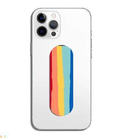 A phone grip slider applied to the back of a smartphone.