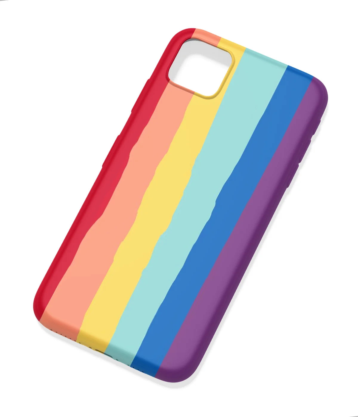 An angled view of a soft silicone case featuring a colorful design.