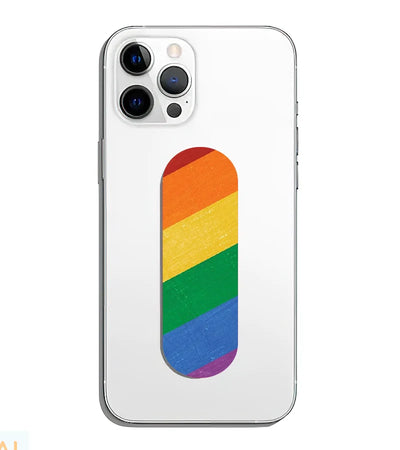 A phone grip slider applied to the back of a smartphone.